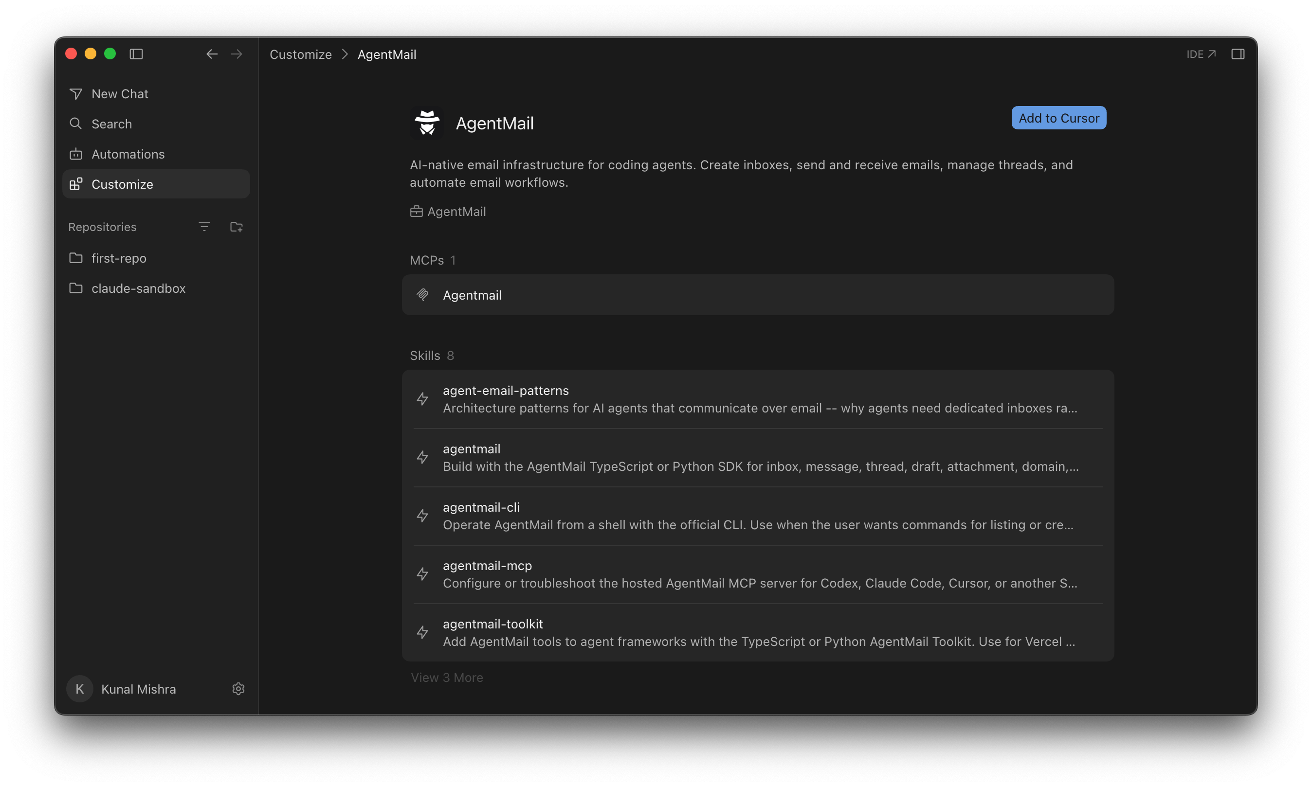 The AgentMail plugin in Cursor's Customize directory