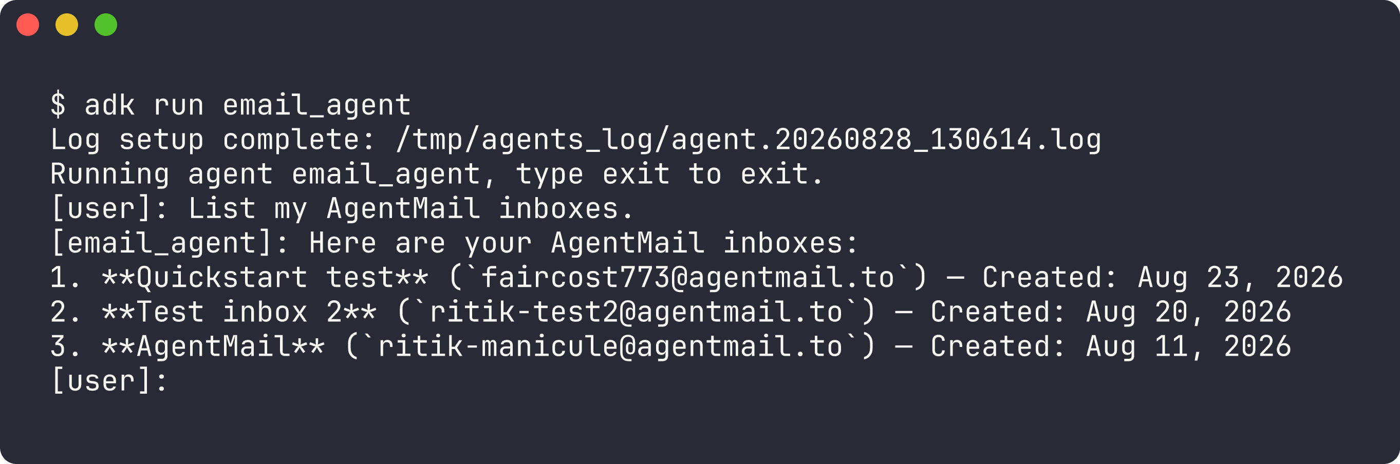 Terminal showing adk run email_agent, where the agent lists three AgentMail inboxes