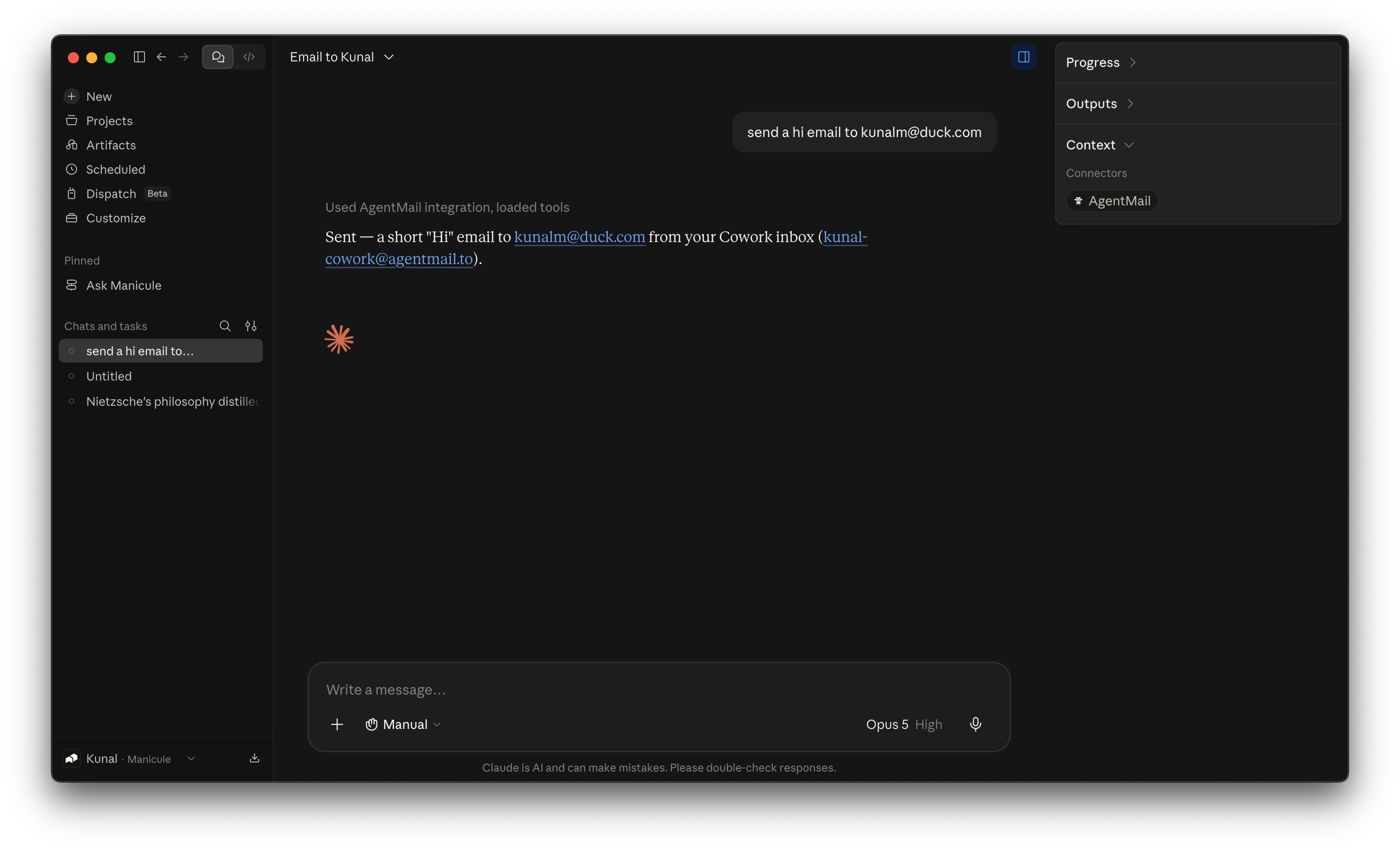 Cowork confirming the sent email
