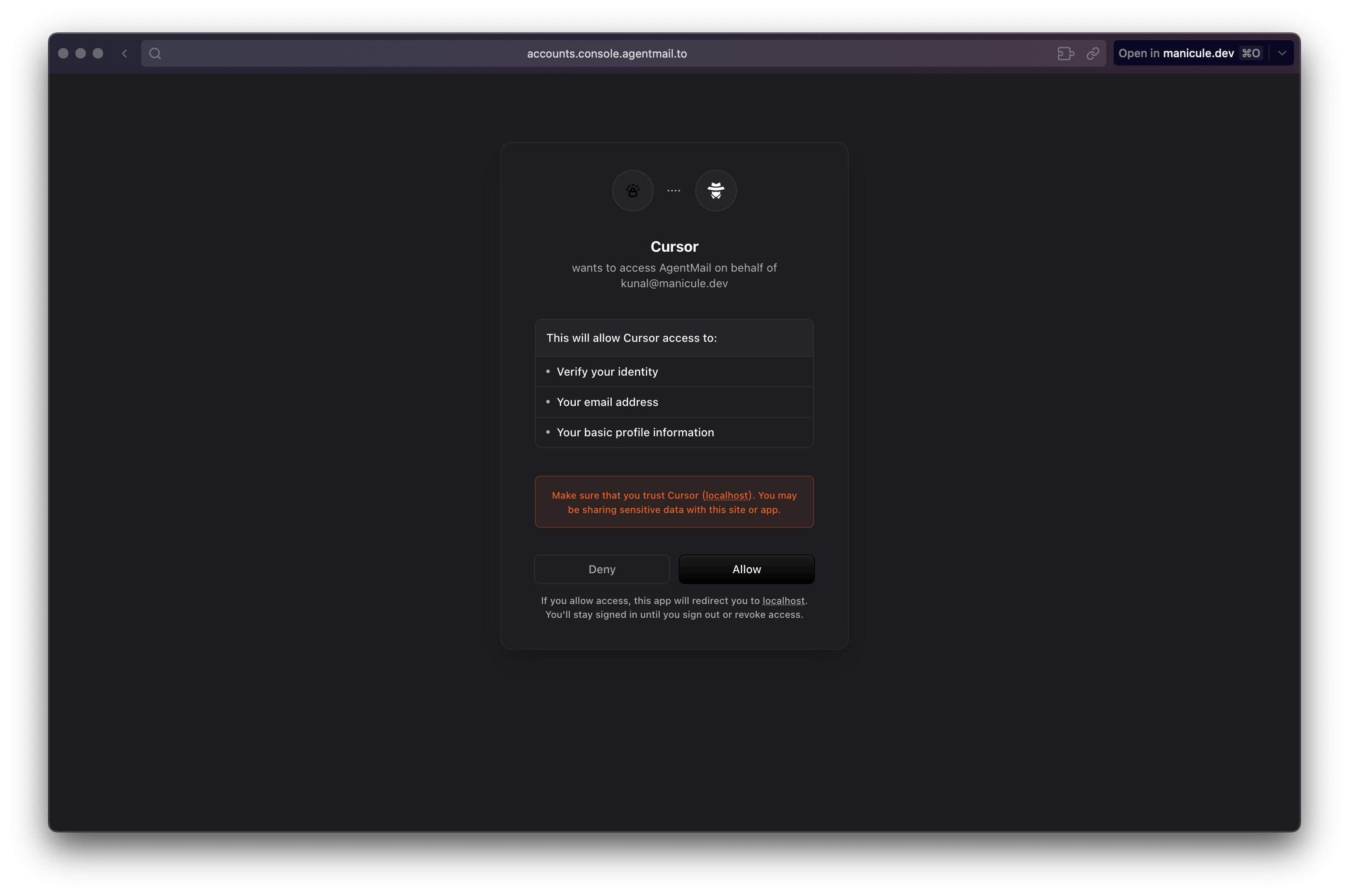 AgentMail authorization screen for Cursor