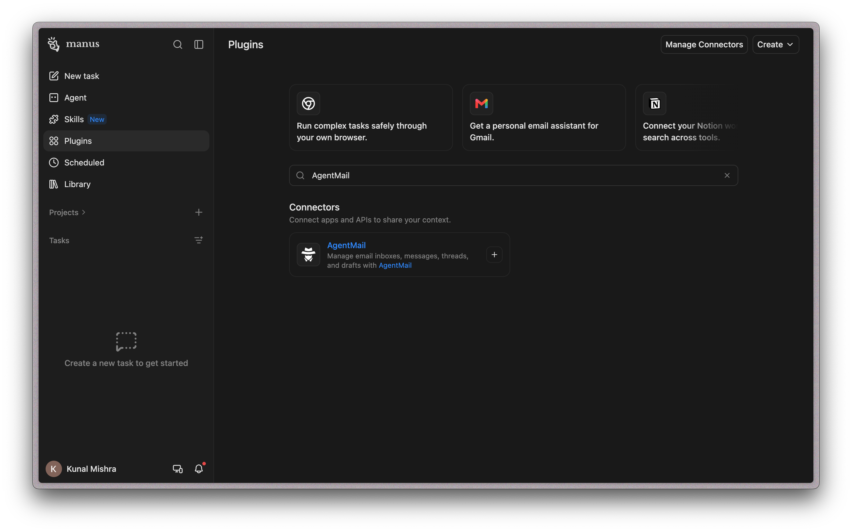 The AgentMail connector in Manus's plugin directory