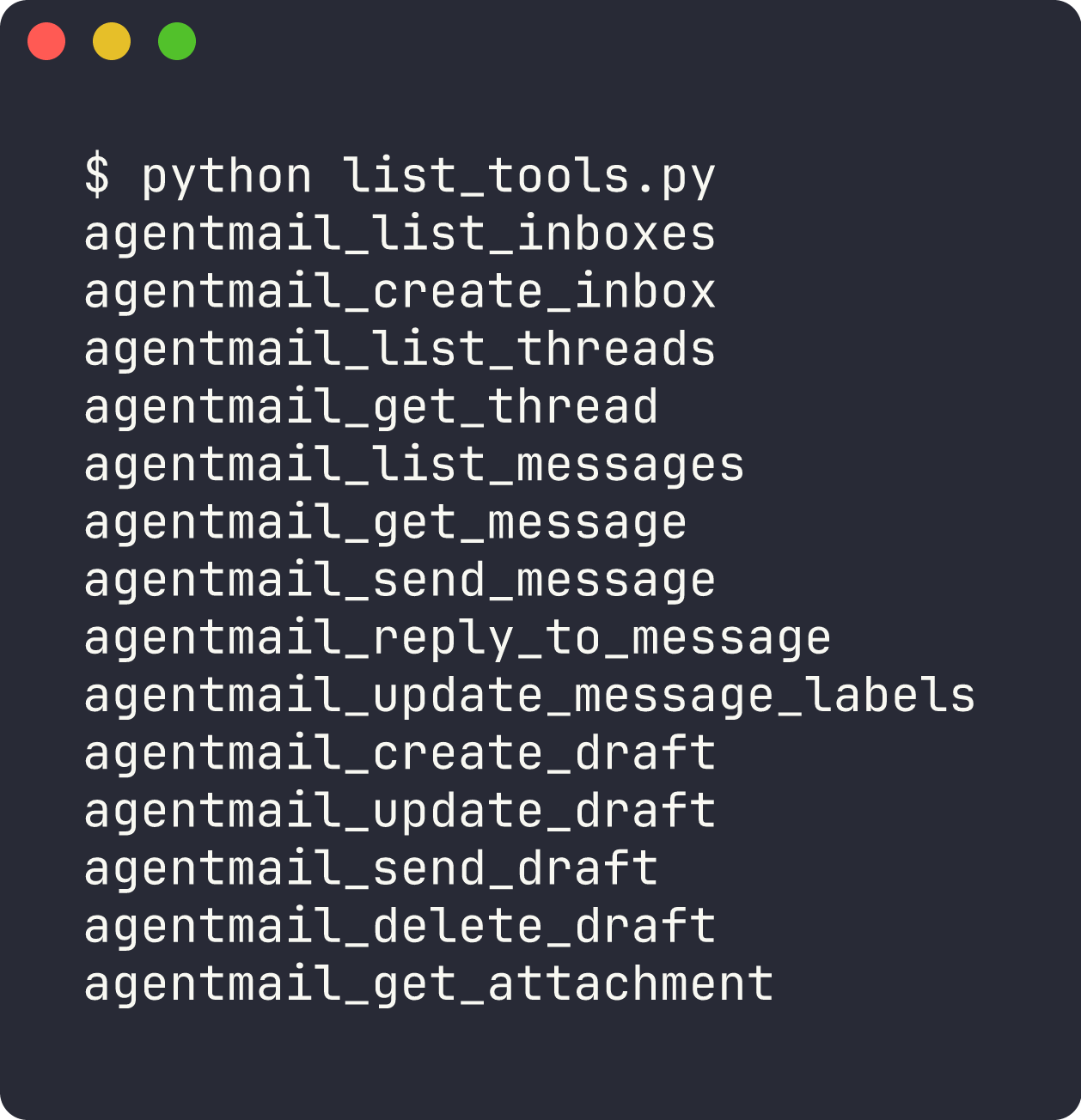 Terminal output of python list_tools.py printing the fourteen agentmail tool names