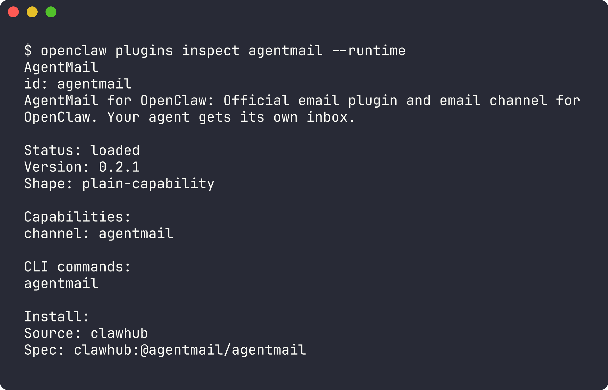 Output of openclaw plugins inspect agentmail --runtime showing status loaded