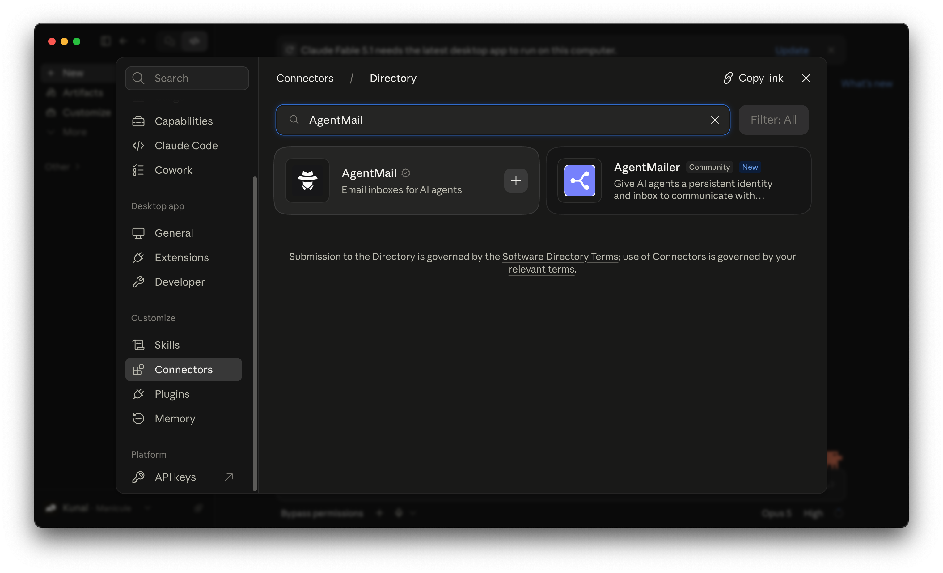 AgentMail in the Claude connector directory