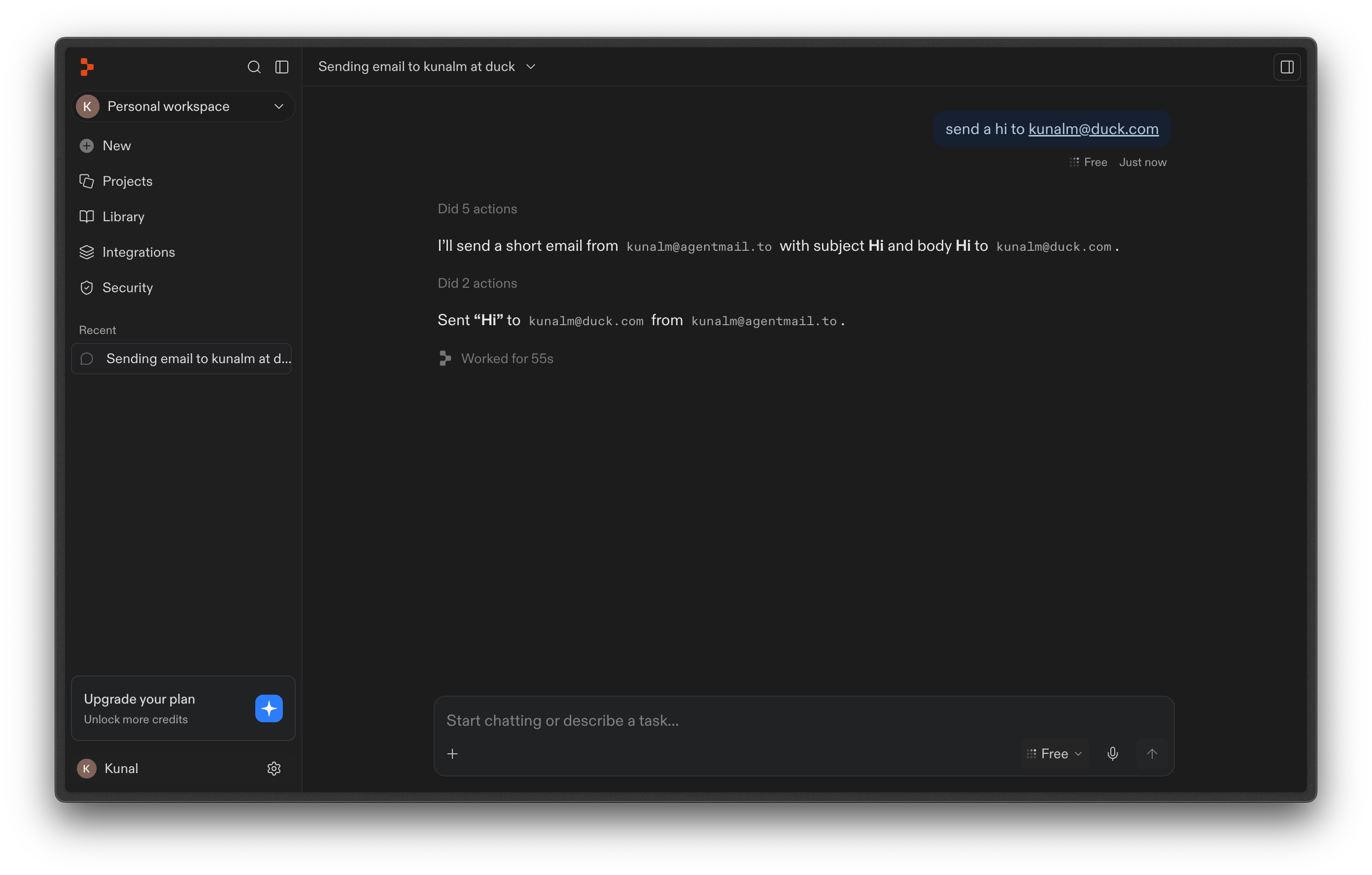 Replit confirming a sent email from an @agentmail.to inbox