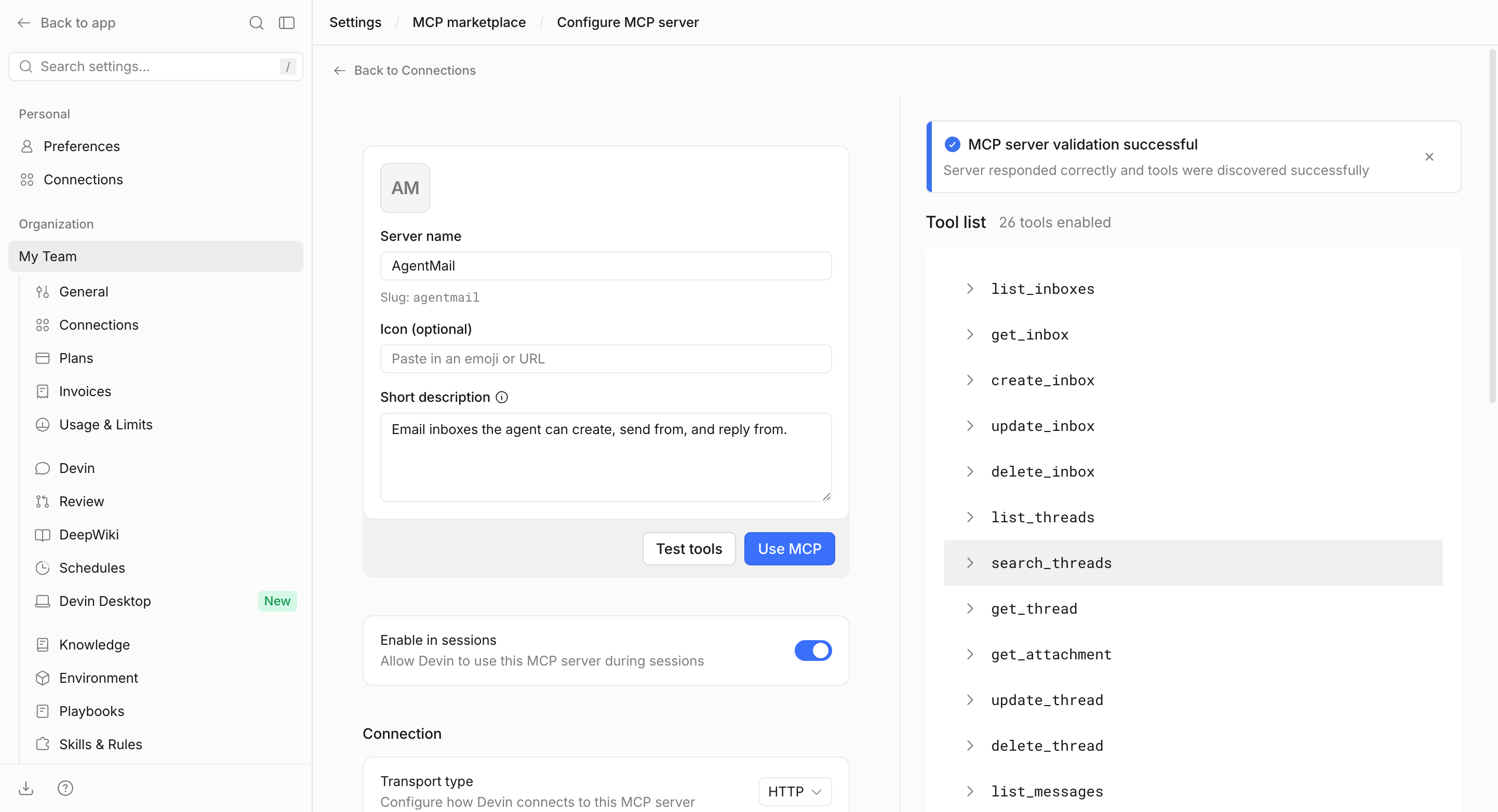 Devin reporting MCP server validation successful with the AgentMail tool list