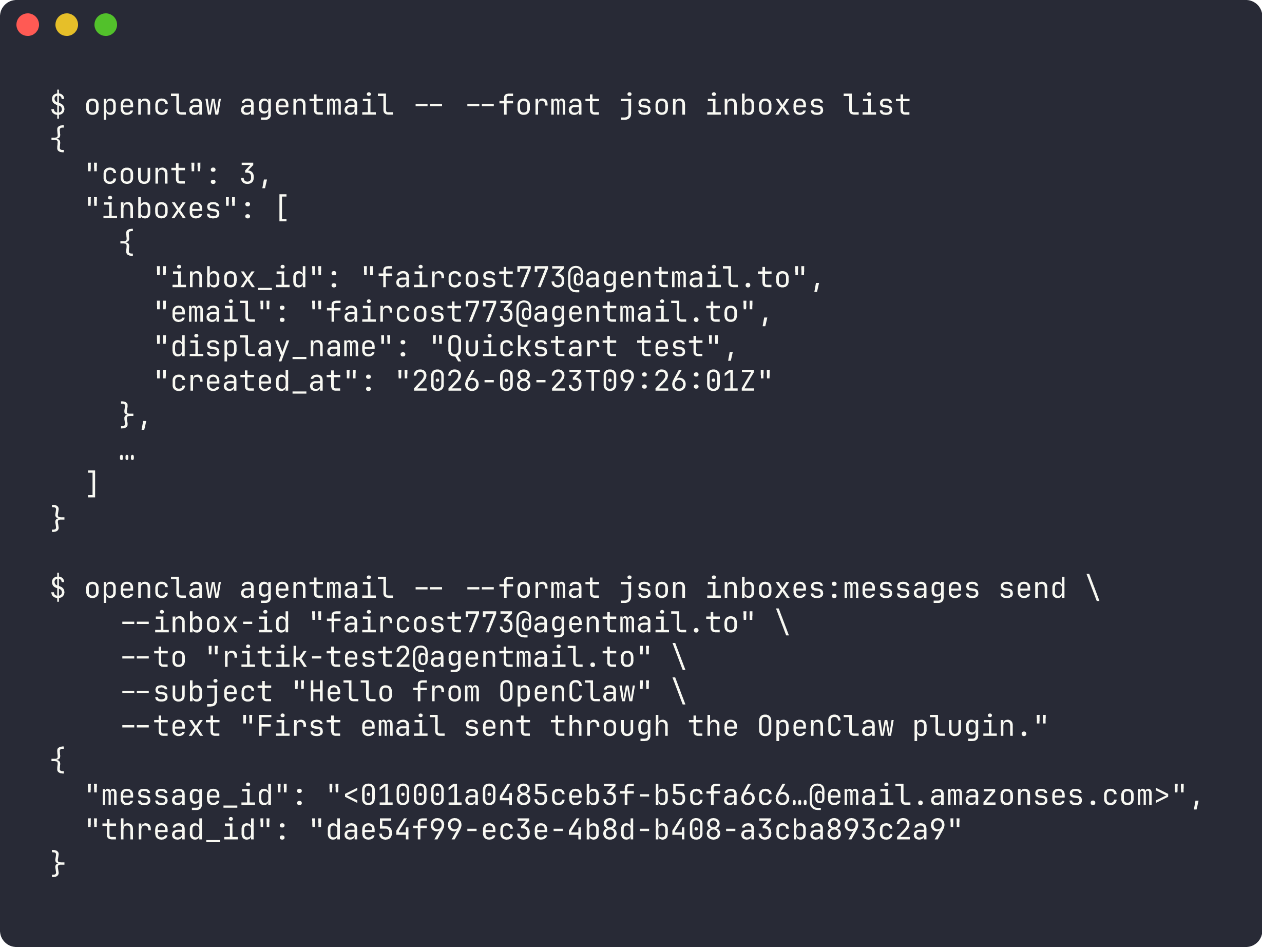 Terminal session running openclaw agentmail passthrough commands to list inboxes and send an email