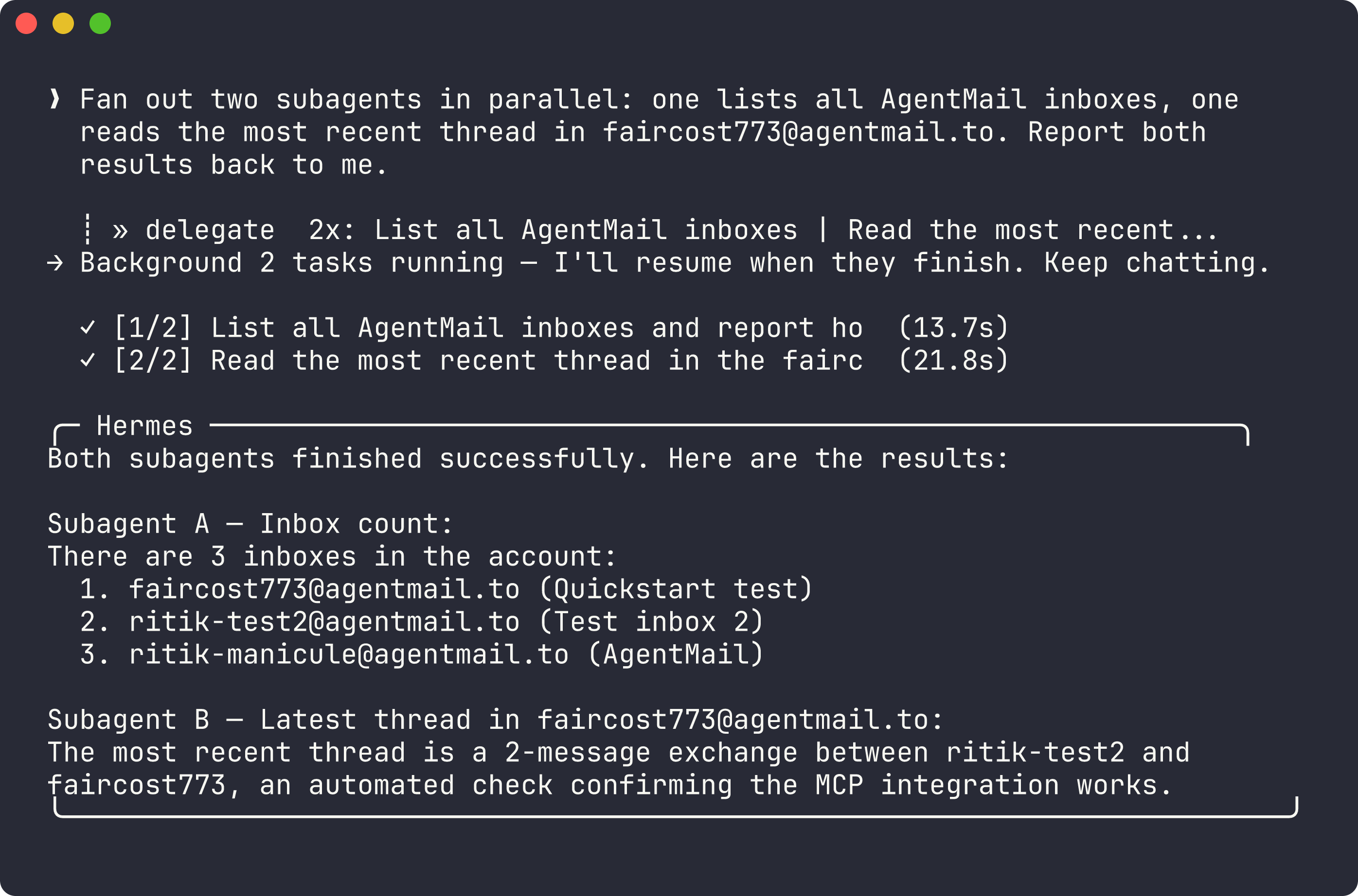 Hermes delegating two parallel subagents that use AgentMail tools and report back