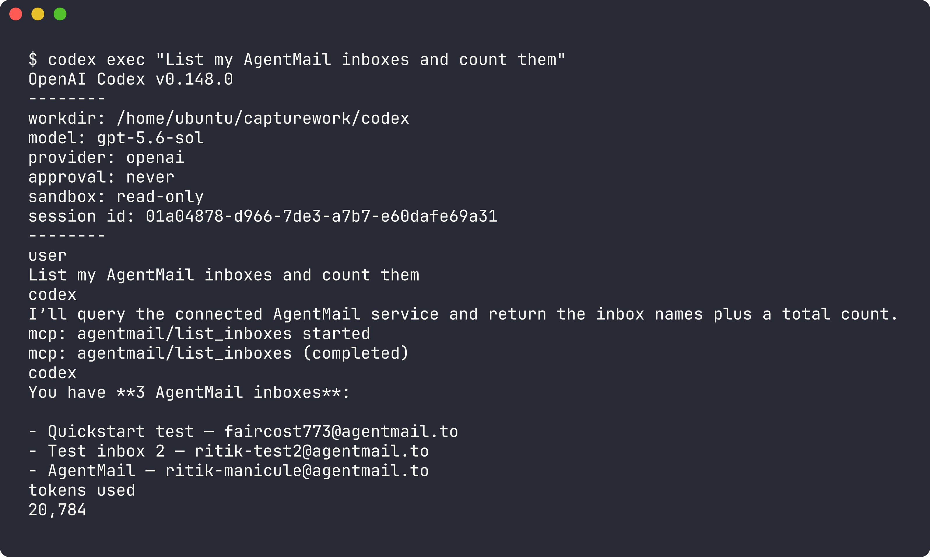 Terminal output of codex exec calling the agentmail list_inboxes tool and returning three inboxes